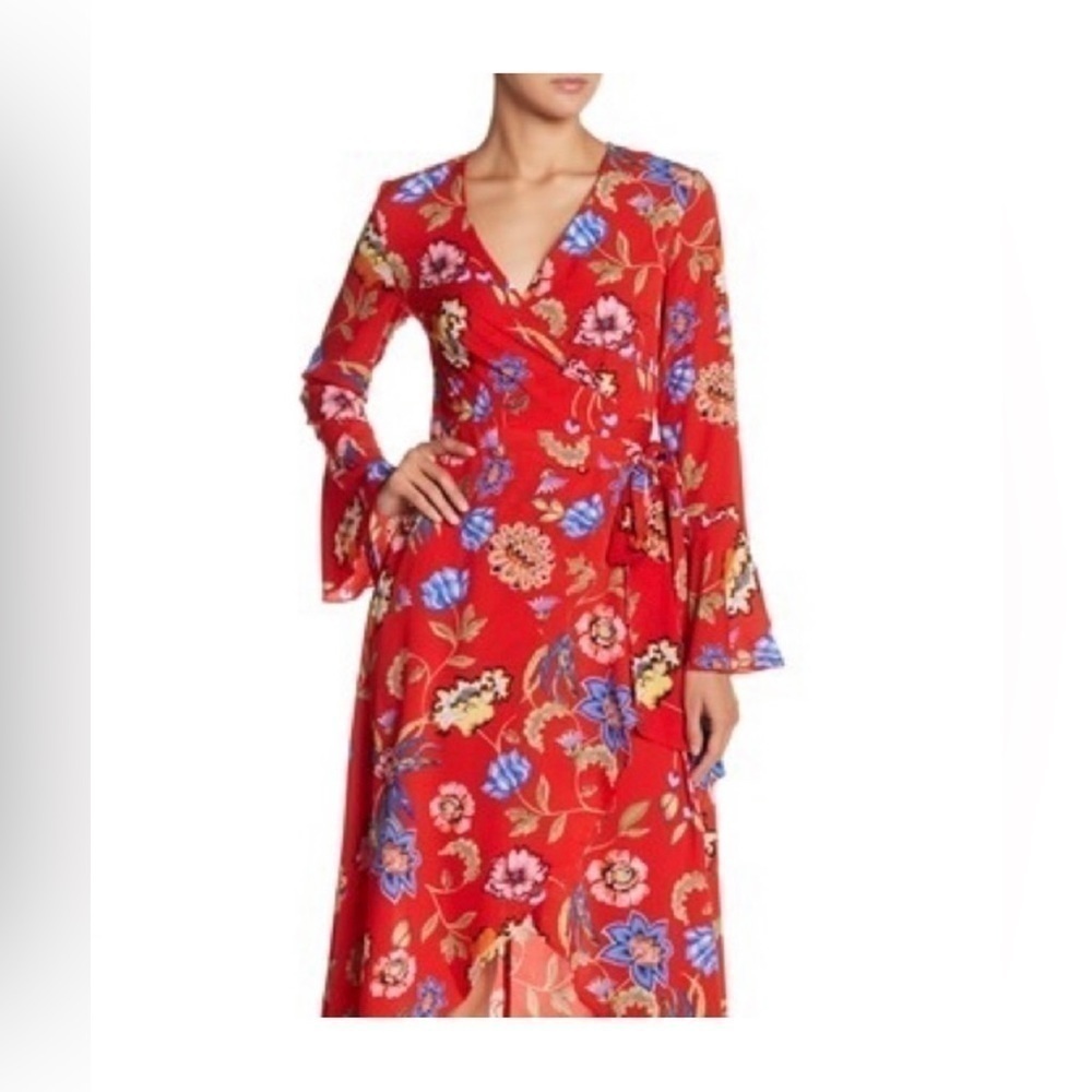 Romeo & Juliet Couture Sz L Red Floral Long Sleeve Hi-Low Wrap Maxi Dress